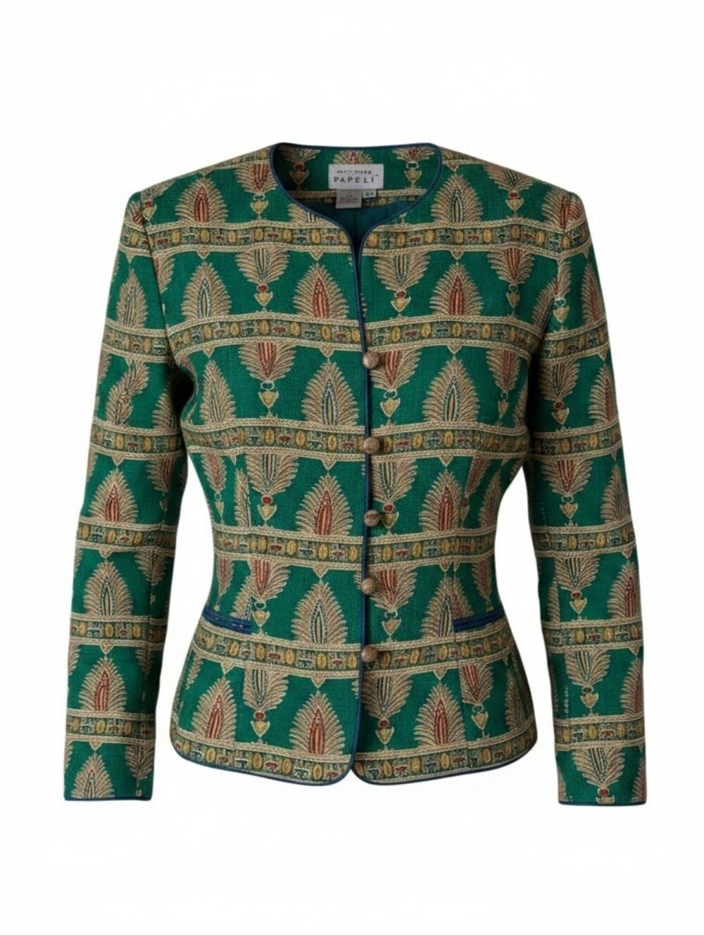 VTG 90s Adrianna Papell 100% Silk Printed Blazer Green Gold Boho Statement Coat